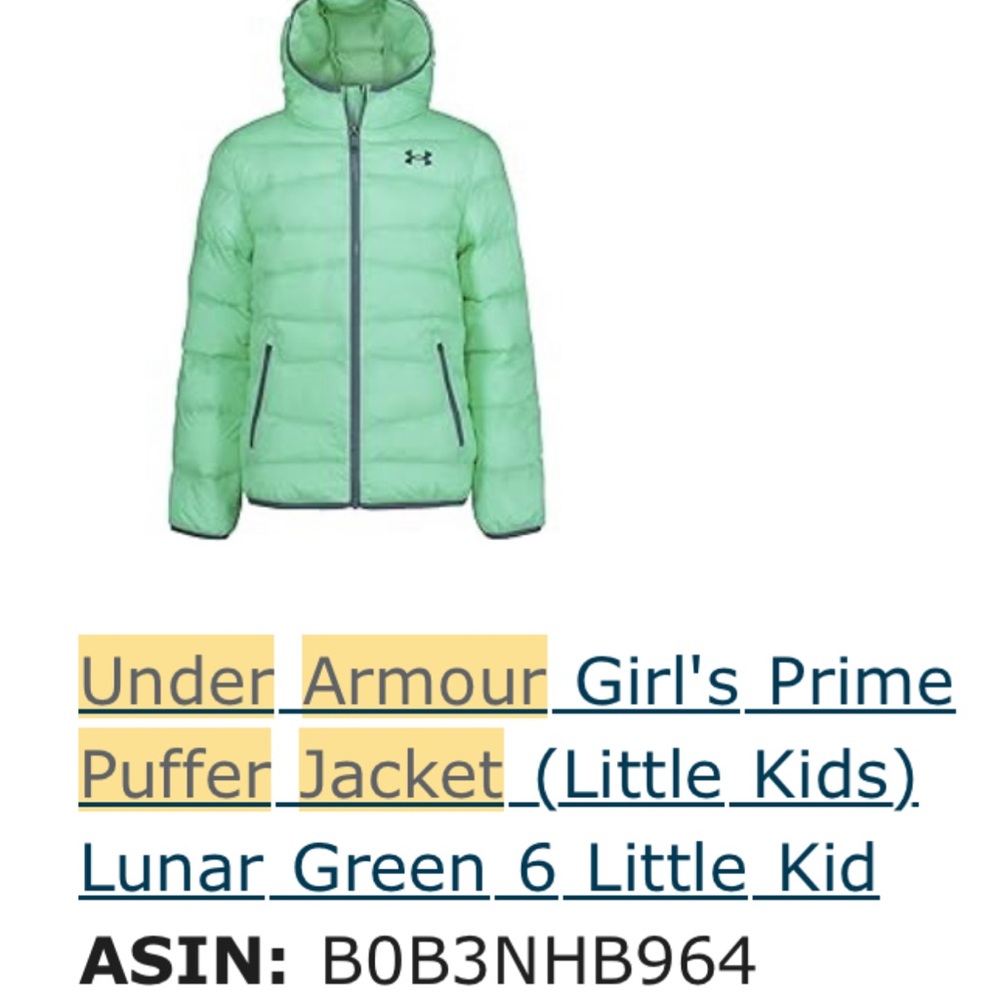 Under Armour girl’s puffer jacket. Mint green color
